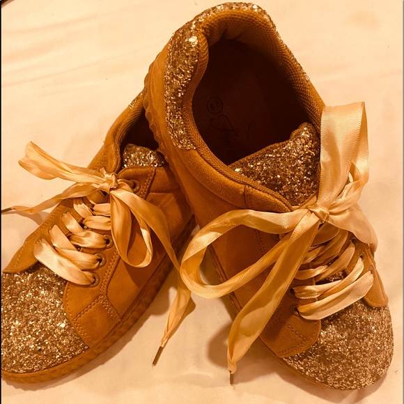 FOREVER Glitter Rust & Gold Suede Tennis Shoes with Ribbon laces. - Picture 3 of 14